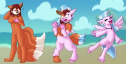 Size: 1280x657 | Tagged: safe, artist:detectivecoon, imported from derpibooru, silverstream, anthro, hippogriff, beach, breasts, cute, furry, multiple tails, tail, transformation, transformation sequence