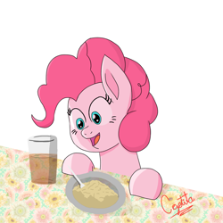 Size: 1280x1280 | Tagged: safe, artist:cjv2004, imported from derpibooru, pinkie pie, earth pony, pony, chocolate, food, reviro, signature, solo, table