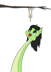 Size: 1000x1414 | Tagged: safe, artist:happy harvey, imported from derpibooru, oc, oc:filly anon, cat, original species, snake, snake pony, exclamation point, fangs, female, filly, forked tongue, hanging, kitten, looking up, open mouth, phone drawing, simple background, slit pupils, species swap, transparent background, tree, tree branch