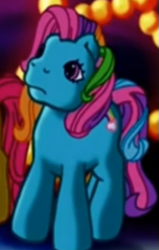 Size: 331x519 | Tagged: safe, imported from derpibooru, screencap, apple spice, rainbow dash (g3), earth pony, pony, a very minty christmas, christmas, christmas tree, cropped, cute, female, frown, g3, g3 dashabetes, holiday, mare, night, offscreen character, rainbow dash is not amused, solo focus, tree, unamused