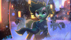 Size: 1920x1080 | Tagged: safe, artist:hierozaki, imported from derpibooru, oc, oc only, oc:mint spring, pony, clothes, scarf, snow, snowfall, solo focus