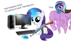 Size: 4000x2500 | Tagged: safe, artist:aonatsu_ki, edit, idw, imported from derpibooru, vector edit, radiant hope, rarity, dog, pony, unicorn, comic:insane filly rarity, ak-47, alternate hairstyle, assault rifle, bipedal, bipedal leaning, cape, chains, clothes, computer, computer screen, cutie mark, doge, dyed mane, eyeshadow, female, filly, filly rarity, foal, glow, glowing horn, goth, grammar error, gun, horn, idw showified, implied hack, leaning, magic, magic aura, makeup, open mouth, open smile, pure unfiltered evil, radiant goth, rifle, sitting, smiling, telekinesis, text, trixiebooru, vector, weapon, younger