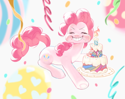 Size: 640x509 | Tagged: safe, artist:eopo, imported from derpibooru, pinkie pie, earth pony, pony, abstract background, cake, candle, confetti, cutie mark, eating, eyes closed, food, ribbon, smiling, tail, teeth