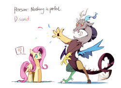 Size: 1680x1228 | Tagged: safe, artist:fan_silversol, imported from derpibooru, discord, fluttershy, draconequus, pegasus, pony, confetti, confused, cute, duo, female, horns, male, meme, pictogram, question mark, simple background, speech bubble, text, white background, white pupils, wings