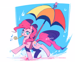 Size: 2561x2131 | Tagged: safe, artist:fan_silversol, imported from derpibooru, pinkie pie, earth pony, pony, abstract background, cutie mark, female, heart, music notes, noisemaker, party horn, rain, smiling, solo, splashing, umbrella, walking, white pupils