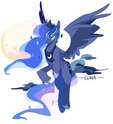 Size: 3712x4096 | Tagged: safe, artist:fan_silversol, imported from derpibooru, princess luna, alicorn, pony, cloud, cutie mark, female, flying, horn, jewelry, moon, regalia, simple background, sketch, smiling, solo, sparkles, spread wings, white background, white pupils, wings