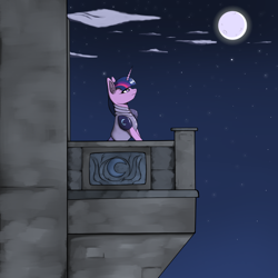 Size: 1176x1176 | Tagged: safe, artist:leo the pone, imported from twibooru, twilight sparkle, unicorn, armor, balcony, image, night, png, solo, stargazing, unicorn twilight