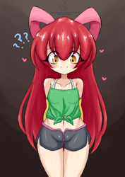 Size: 2480x3507 | Tagged: safe, artist:jennifermabel, imported from twibooru, apple bloom, human, adorabloom, banned from derpibooru, blushing, clothes, cute, female, heart, humanized, image, lolicon, png, question mark, shorts, underage