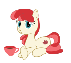 Size: 889x789 | Tagged: safe, artist:hotkinkajou, oc, oc only, oc:copper kettle, earth pony, crossed legs, cup, digital art, female, food, lying down, mare, ponerpics community collab 2022, simple background, tea, teacup, transparent background