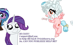 Size: 4000x2500 | Tagged: safe, artist:aonatsu_ki, edit, idw, imported from derpibooru, vector edit, cozy glow, radiant hope, rarity, twinkleshine, pegasus, pony, unicorn, comic:insane filly rarity, the ending of the end, black lipstick, bow, cape, clothes, cobble glow, cute, cute face, dyed mane, exclamation point, eyeshadow, female, filly, filly rarity, hair bow, horn, idw showified, lidded eyes, lipstick, makeup, mare, nose piercing, okay, petrification, piercing, pure concentrated unfiltered evil of the utmost potency, pure unfiltered evil, question mark, raribetes, simple background, small wings, spread wings, spying, stone, text, transparent background, unpetrification, vector, wide eyes, wings, younger