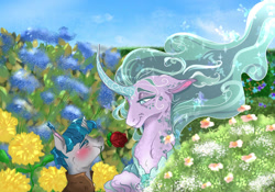 Size: 1024x717 | Tagged: safe, artist:miyalaflordorada, imported from derpibooru, mistmane, stygian, pony, unicorn, blushing, duo, eyebrows, eyebrows visible through hair, eyes closed, female, flower, flower in mouth, garden, male, mare, mistian, mouth hold, rose, rose in mouth, shipping, size difference, smiling, stallion, straight, wavy mouth