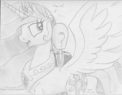 Size: 1645x1283 | Tagged: safe, artist:anonymous, princess celestia, oc, oc:anon, alicorn, pony, /sun/, monochrome, open mouth, smiling, spread wings, traditional art, wings