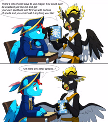 Size: 4359x4900 | Tagged: artist needed, safe, imported from derpibooru, oc, oc:andrew swiftwing, oc:ping wing, /mlptg/ the bannermanes, book, dialogue, excited, horn, multiple horns, rude, tricorn, wizard