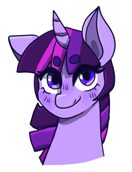 Size: 1188x1543 | Tagged: safe, artist:lmaodoofus, imported from derpibooru, twilight sparkle, pony, unicorn, ambiguous race, beanbrows, bust, eyebrows, eyebrows visible through hair, female, one ear down, simple background, solo, white background