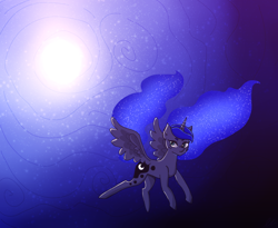 Size: 1100x900 | Tagged: safe, artist:lmaodoofus, imported from derpibooru, princess luna, alicorn, pony, ethereal mane, female, flying, galaxy mane, galaxy tail, horn, mare, princess of the night, solo, space, spread wings, wings