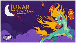 Size: 1200x675 | Tagged: safe, artist:mane6, imported from derpibooru, dragon, hybrid, longma, them's fightin' herds, chinese new year, cloud, community related, female, lantern, logo, looking at you, lunar new year, moon, official, open mouth, paper lantern, purple background, simple background, solo, tianhuo (tfh), update