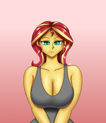 Size: 1300x1500 | Tagged: safe, artist:zachc, imported from derpibooru, sunset shimmer, equestria girls, big breasts, breasts, busty sunset shimmer, cleavage, clothes, female, gradient background, looking at you, sleeveless, solo