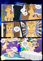 Size: 3259x4607 | Tagged: safe, artist:estories, imported from derpibooru, discord, fluttershy, oc, oc:alice goldenfeather, oc:comet, oc:fable, oc:möbius, draconequus, earth pony, pegasus, phoenix, pony, unicorn, comic:nevermore, :|, book, bookshelf, comic, cup, eyes closed, female, food, glowing, glowing horn, grandfather clock, horn, male, mare, pegasus oc, popcorn, speech bubble, stallion, table, teacup, wings