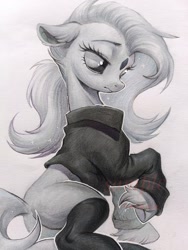 Size: 1536x2048 | Tagged: safe, artist:paipaishuaige, imported from derpibooru, oc, oc only, earth pony, pony, black shirt, black socks, clothes, coat markings, facial markings, floppy ears, grayscale, hatching (technique), monochrome, socks, solo, star (coat marking), traditional art, unshorn fetlocks