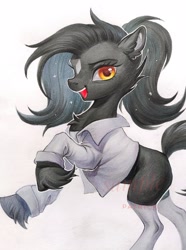 Size: 1522x2048 | Tagged: safe, artist:paipaishuaige, imported from derpibooru, oc, oc only, earth pony, pony, chest fluff, clothes, coat markings, colored ears, ear fluff, facial markings, lightly watermarked, looking at you, open mouth, rearing, shirt, simple background, smiling, socks, star (coat marking), traditional art, unshorn fetlocks, watermark, white background, white shirt, white socks