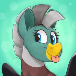 Size: 2500x2500 | Tagged: safe, artist:luximus17, imported from derpibooru, oc, oc only, oc:duk, pony, abstract background, aside glance, bust, high res, looking at you, portrait, profile picture, smiling, smiling at you, solo, spread wings, three quarter view, tongue out, turned head, wings