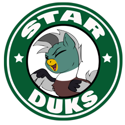 Size: 4000x4000 | Tagged: safe, artist:onemorepony, imported from derpibooru, oc, oc only, oc:duk, duck pony, pegasus, /mlptg/ the bannermanes, logo, pegasus oc, quack, simple background, solo, starbucks, transparent background