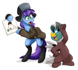 Size: 3487x3162 | Tagged: safe, artist:luximus17, imported from derpibooru, oc, oc only, oc:cher nobyl, oc:duk, duck pony, pony, chart, clothes, duo, funny, hat, jacket, mocking, quack, simple background, smug, transparent background, ushanka, yelling