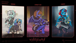 Size: 2920x1655 | Tagged: safe, artist:viktiipunk, imported from derpibooru, oc, oc only, oc:andrew swiftwing, oc:duk, oc:orion, cyborg, pegasus, pony, unicorn, chest fluff, clothes, cyberpunk, cyberpunk 2077, ear fluff, eye clipping through hair, eyebrows, eyebrows visible through hair, folded wings, glasses, gun, handgun, high res, hooves, horn, keyboard, life path, looking back, mouth hold, oc name needed, open mouth, open smile, palindrome get, pistol, raised hoof, signature, smiling, standing, tail, two toned mane, two toned tail, unshorn fetlocks, wings