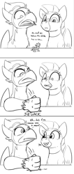 Size: 1914x4509 | Tagged: safe, artist:tsitra360, imported from derpibooru, oc, oc:duk, oc:ping wing, oc:thumbtack, duck pony, griffon, hippogriff, crushing, high res, micro, quack, secret, smashing