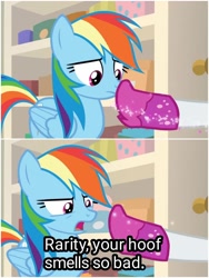 Size: 1500x1999 | Tagged: safe, edit, edited screencap, imported from derpibooru, screencap, rainbow dash, rarity, pegasus, pony, the end in friend, boots, caption, clothes, female, glitter boots, mare, offscreen character, shoes, solo focus, text