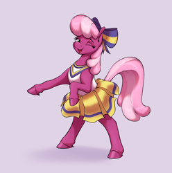 Size: 2928x2949 | Tagged: safe, artist:aquaticvibes, imported from derpibooru, cheerilee, earth pony, pony, bipedal, bow, cheeribetes, cheerileeder, cheerleader, cheerleader outfit, clothes, cute, female, hair bow, happy, mare, one eye closed, open mouth, open smile, pink background, simple background, smiling, solo, unshorn fetlocks