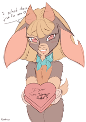 Size: 1462x2064 | Tagged: safe, artist:hyakuen, imported from derpibooru, shanty (tfh), goat, semi-anthro, them's fightin' herds, alternate hairstyle, bandana, bipedal, blushing, box of chocolates, cloven hooves, community related, cute, dialogue, female, heart, implied paprika, lies, looking at you, loose hair, neckerchief, offering, rectangular pupil, romantic, shantabetes, simple background, solo, white background