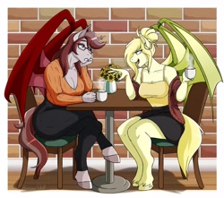 Size: 3400x3000 | Tagged: safe, artist:hasana-chan, imported from derpibooru, oc, oc only, oc:sassy stride, oc:scarlet quill, anthro, bat pony, unguligrade anthro, bat pony oc, chair, chat, chatting, clothes, coffee, coffee cup, commission, conversation, crossed legs, cup, digital art, ear piercing, earring, fangs, female, flower, friends, gift art, glasses, jewelry, mare, milf, piercing, sitting, slit pupils, smiling, table