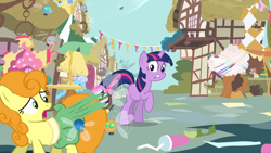 Size: 1920x1080 | Tagged: safe, imported from derpibooru, screencap, carrot top, golden harvest, twilight sparkle, earth pony, parasprite, pony, unicorn, season 1, swarm of the century, female, mare, out of context, ponyville, raised hoof, straw, unicorn twilight