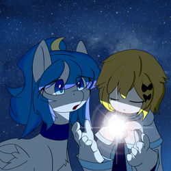 Size: 2894x2894 | Tagged: safe, artist:ramsfel, imported from derpibooru, oc, oc:fears, oc:qamar, human, pegasus, pony, anime, female, magic, mare, night, night sky, pegasus oc, ponified, sky, space