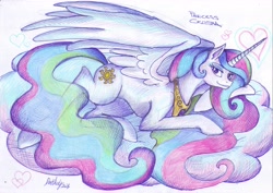 Size: 7015x4960 | Tagged: safe, artist:darkaudi1728, imported from derpibooru, princess celestia, alicorn, pony, absurd resolution, cloud, colored, crosshatch, female, floating heart, hatching (technique), heart, large wings, lidded eyes, long mane, long tail, looking at you, lying down, lying on a cloud, mare, on a cloud, on side, peytral, prone, slim, solo, tail, thin, traditional art, wings