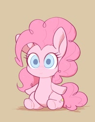Size: 1558x1985 | Tagged: safe, artist:noupu, imported from derpibooru, pinkie pie, earth pony, pony, brown background, chibi, colored pupils, cute, diapinkes, female, looking at you, mare, simple background, sitting, smiling, smiling at you, solo, underhoof