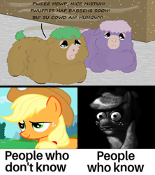 Size: 910x1024 | Tagged: safe, artist:greatspacebeaver, artist:wolfram_sparks, edit, imported from derpibooru, applejack, earth pony, fluffy pony, pony, unicorn, applejack becoming uncanny, female, fluffy, implied pregnancy, mare, meme, mr. incredible becoming uncanny, ponified meme, those who don't know