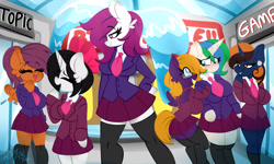 Size: 1920x1153 | Tagged: safe, artist:ladylullabystar, imported from derpibooru, oc, oc only, oc:dr.heart, oc:purple creativity, oc:star logic, oc:vee, anthro, pegasus, unicorn, arm hooves, blushing, clothes, ear fluff, eye clipping through hair, eyebrows, eyebrows visible through hair, eyes closed, female, glasses, grin, hoof over mouth, horn, lidded eyes, looking at each other, looking at someone, necktie, open mouth, open smile, rule 63, school uniform, signature, smiling, standing, two toned mane