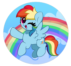 Size: 4072x3813 | Tagged: safe, artist:kittyrosie, imported from derpibooru, rainbow dash, pegasus, pony, backwards cutie mark, blushing, cute, dashabetes, female, mare, one eye closed, open mouth, open smile, rainbow, simple background, smiling, solo, tail, transparent background, wings, wink