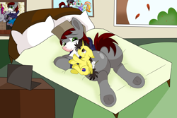 Size: 9000x6000 | Tagged: safe, artist:rainbowtashie, imported from derpibooru, oc, oc:khaki-cap, oc:tommy the human, alicorn, earth pony, pony, alicorn oc, bed, bedroom, blanket, butt, cabinet, child, clothes, colt, commissioner:bigonionbean, computer, concerned, cute, daaaaaaaaaaaw, flank, foal, hat, horn, laptop computer, lying down, male, painting, picture, pillow, plot, red nosed, sad, sick, stallion, sweater, teary eyes, wings, worried, writer:bigonionbean