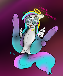 Size: 2000x2405 | Tagged: safe, artist:pawker, imported from derpibooru, oc, oc only, oc:soggy spaghetti, pegasus, pony, clothes, commission, female, glasses, halo, raised hoof, socks, solo, spread legs, spreading, stockings, swamp cinema, thigh highs, tongue out