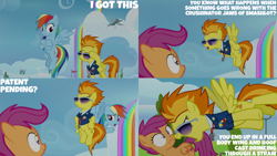 Size: 1280x720 | Tagged: safe, edit, edited screencap, editor:quoterific, imported from derpibooru, screencap, rainbow dash, scootaloo, spitfire, pegasus, pony, season 8, the washouts (episode), crossed hooves, female, filly, flying, foal, full body wing and hoof cast drinking through a straw, mare, open mouth, sunglasses, text