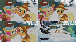 Size: 1280x720 | Tagged: safe, edit, edited screencap, editor:quoterific, imported from derpibooru, screencap, applejack, chancellor puddinghead, pinkie pie, smart cookie, earth pony, pony, hearth's warming eve (episode), season 2, :o, duo, eyes closed, female, mare, open mouth, snow