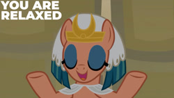 Size: 1280x720 | Tagged: safe, edit, edited screencap, editor:quoterific, imported from derpibooru, screencap, somnambula, pegasus, pony, a rockhoof and a hard place, season 8, spoiler:s08, egyptian, egyptian headdress, egyptian pony, eyes closed, female, mare, open mouth, open smile, smiling, solo