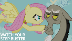 Size: 1280x720 | Tagged: safe, edit, edited screencap, editor:quoterific, imported from derpibooru, screencap, discord, fluttershy, draconequus, pegasus, pony, keep calm and flutter on, season 3, duo, element of kindness, female, flying, male, mare, open mouth, smiling, spread wings, wings