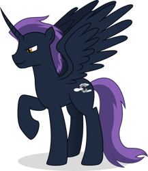 Size: 4018x4635 | Tagged: safe, artist:cirillaq, imported from derpibooru, oc, oc only, oc:midnight strider, alicorn, pony, absurd resolution, alicorn oc, horn, lidded eyes, male, raised hoof, simple background, smiling, smirk, solo, spread wings, stallion, transparent background, wings