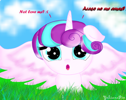 Size: 910x720 | Tagged: safe, artist:yulianapie26, imported from derpibooru, princess flurry heart, alicorn, pony, :o, female, filly, foal, open mouth, outdoors, solo, spread wings, talking, wings