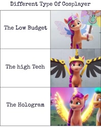 Size: 720x908 | Tagged: safe, edit, edited screencap, imported from derpibooru, screencap, hitch trailblazer, sunny starscout, alicorn, earth pony, pony, spoiler:my little pony: a new generation, artificial horn, artificial wings, augmented, clothes, cosplay, costume, g5, horn, magic, magic horn, magic wings, my little pony: a new generation, race swap, sunnycorn, wings