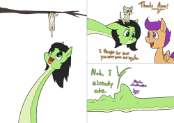 Size: 2000x1414 | Tagged: safe, artist:happy harvey, imported from derpibooru, scootaloo, spike, oc, oc:filly anon, cat, dragon, original species, pegasus, snake, snake pony, abdominal bulge, comic, dialogue, ear fluff, exclamation point, fangs, female, female pred, filly, filly pred, foal, forked tongue, hanging, kitten, looking at each other, looking at someone, looking up, male prey, on head, open mouth, phone drawing, rescue, simple background, slit pupils, species swap, spikeprey, spread wings, transparent background, tree, tree branch, vore, wings